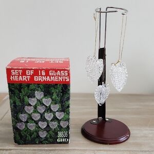 Vintage Clear Spun Glass Heart Ornaments - Set of 16 in Original Box